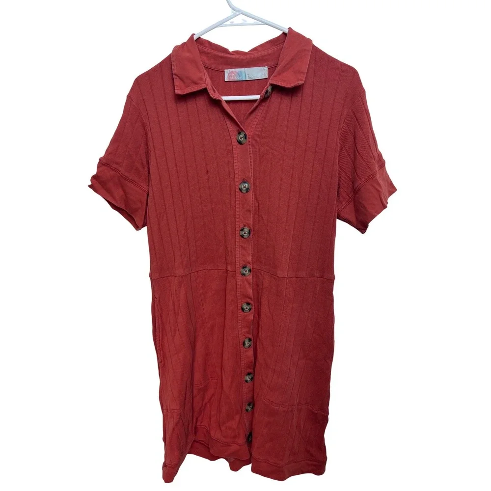 FP Beach Free People Burnt Orange Ribbed Button Down Mini Dress Pockets‎ L Boho